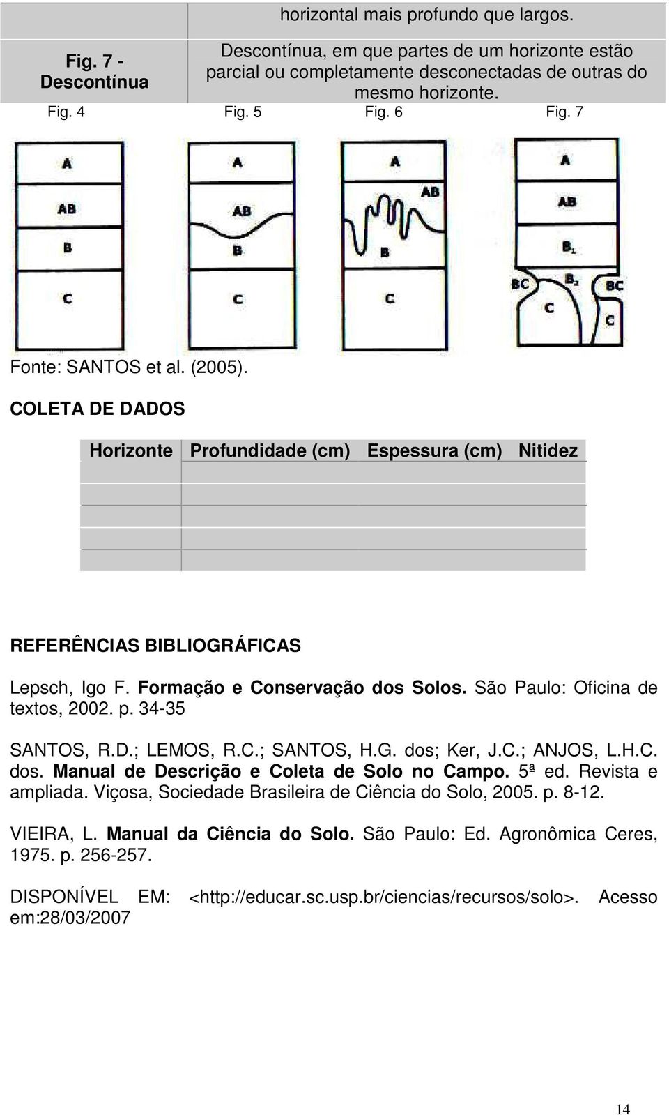 São Paulo: Oficina de textos, 2002. p. 34-35 SANTOS, R.D.; LEMOS, R.C.; SANTOS, H.G. dos; Ker, J.C.; ANJOS, L.H.C. dos. Manual de Descrição e Coleta de Solo no Campo. 5ª ed. Revista e ampliada.