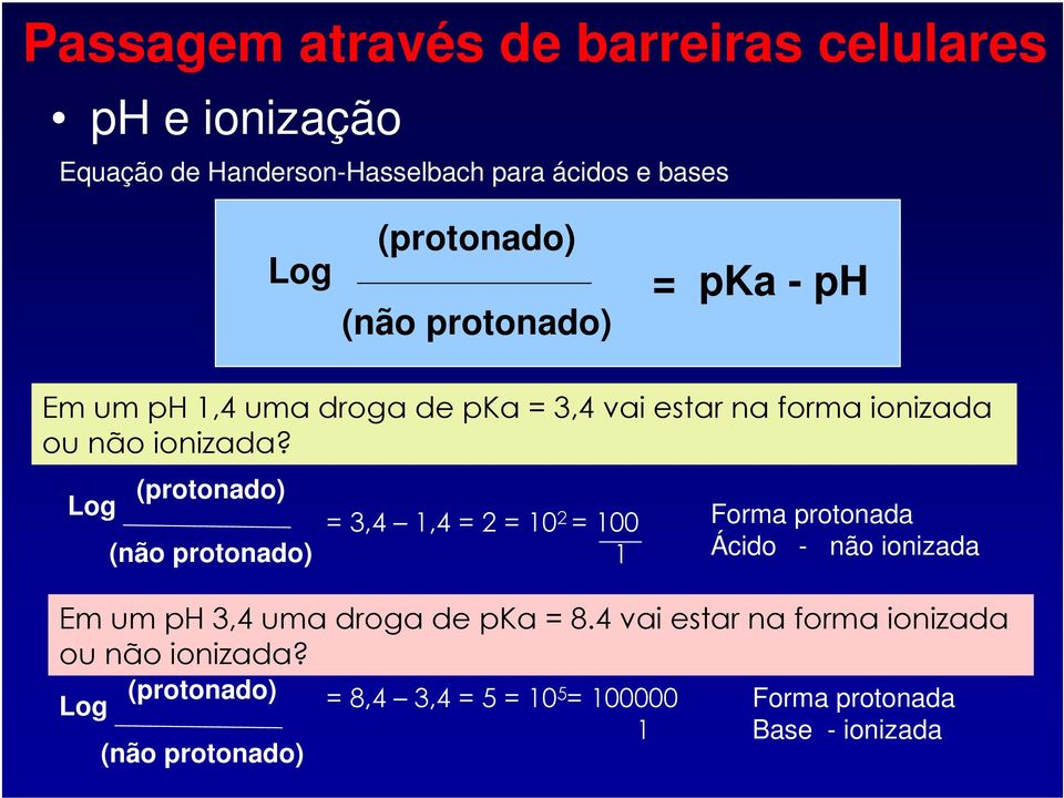 Log (protonado) (não protonado) = 3,4 1,4 = 2 = 10 2 = 100 1 Forma protonada Ácido - não ionizada Em um ph 3,4 uma droga de