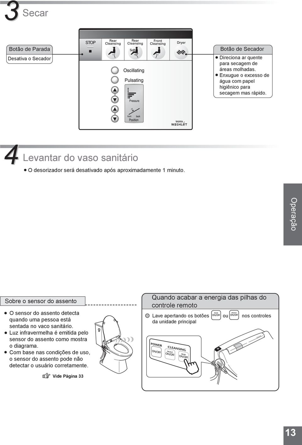 Operação Sobre o sensor do assento O sensor do assento detecta quando uma pessoa está sentada no vaco sanitário.