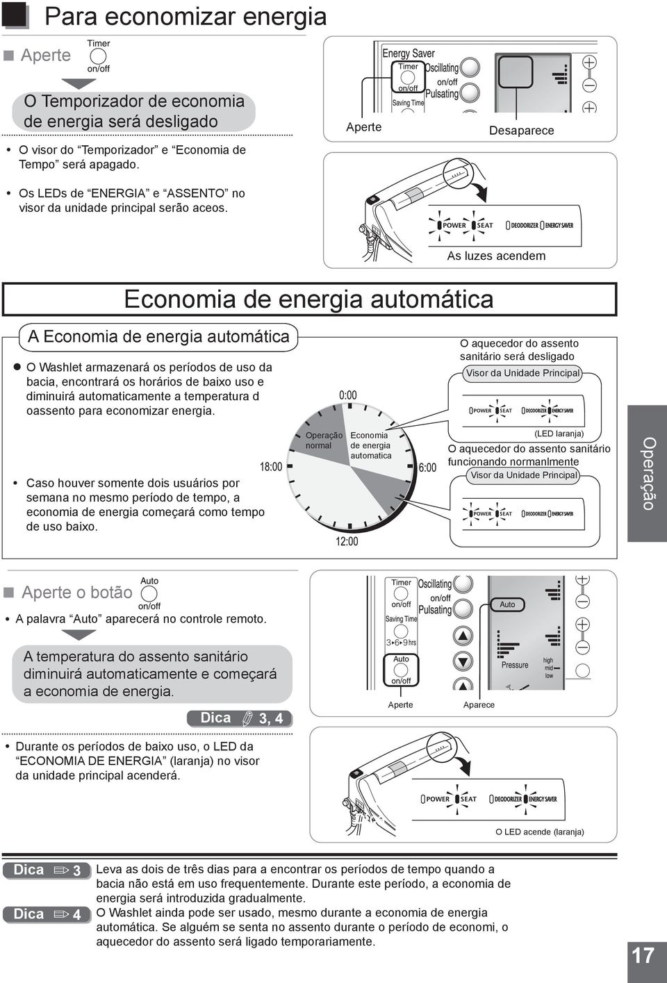 Economia de energia automática As luzes acendem A Economia de energia automática O Washlet armazenará os períodos de uso da bacia, encontrará os horários de baixo uso e diminuirá automaticamente a