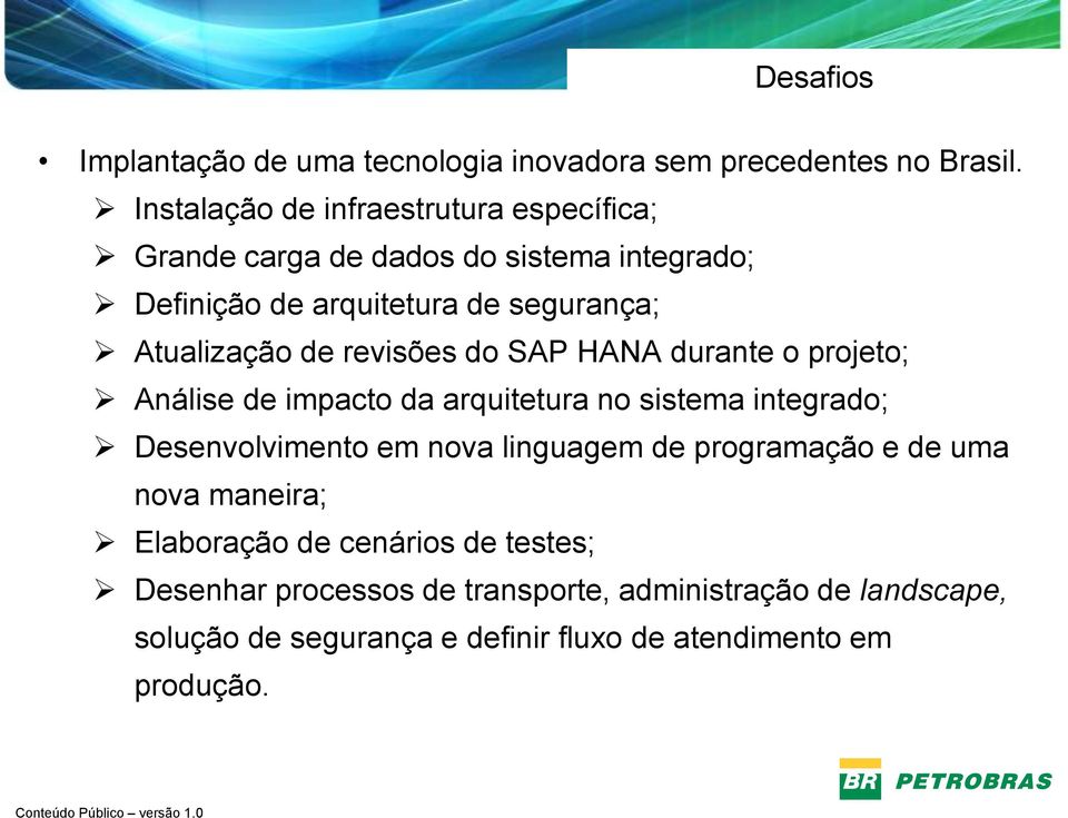 de revisões do SAP HANA durante o projeto; Análise de impacto da arquitetura no sistema integrado; Desenvolvimento em nova linguagem de