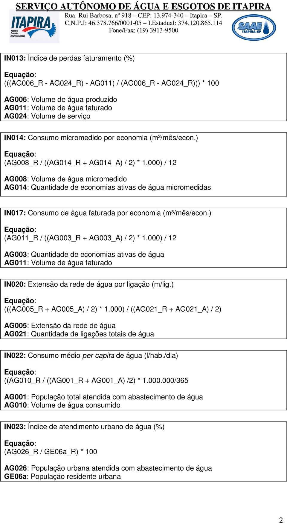 000) / 12 AG008: Volume de água micromedido AG014: Quantidade de economias ativas de água micromedidas IN017: Consumo de água faturada por economia (m³/mês/econ.