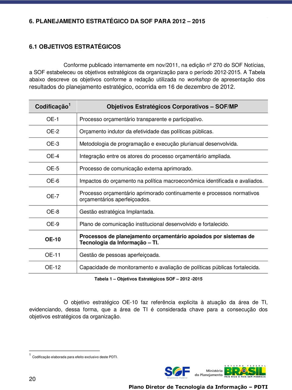 A Tabela abaixo descreve os objetivos conforme a redação utilizada no workshop de apresentação dos resultados do planejamento estratégico, ocorrida em 16 de dezembro de 2012.