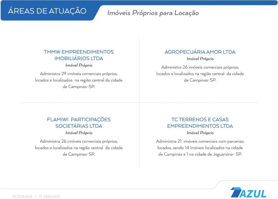 Agropecuária Amor Ltda Imóvel Próprio Administra 26 imóveis comerciais próprios, locados e localizados na região  Flamiwi Participações Societárias Ltda Imóvel Próprio Administra