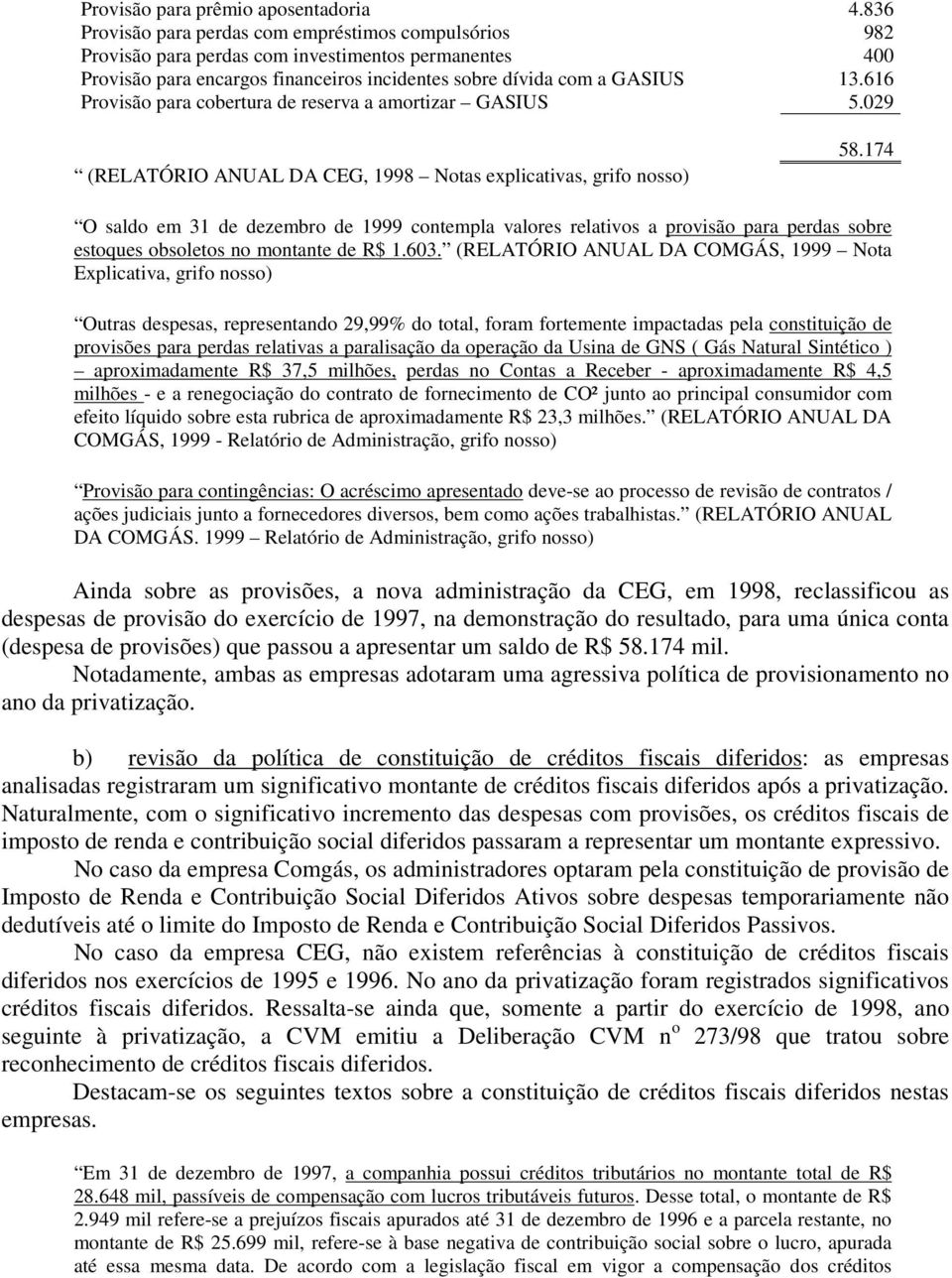 616 Provisão para cobertura de reserva a amortizar GASIUS 5.029 (RELATÓRIO ANUAL DA CEG, 1998 Notas explicativas, grifo nosso) 58.