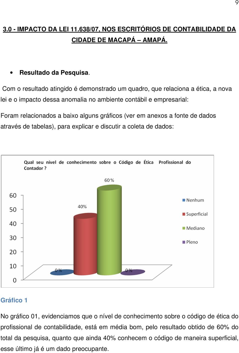 alguns gráficos (ver em anexos a fonte de dados através de tabelas), para explicar e discutir a coleta de dados: Gráfico 1 No gráfico 01, evidenciamos que o nível de