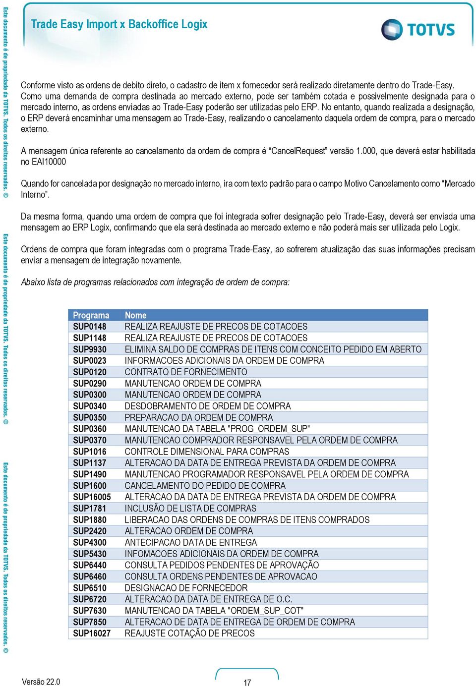 No entanto, quando realizada a designação, o ERP deverá encaminhar uma mensagem ao Trade-Easy, realizando o cancelamento daquela ordem de compra, para o mercado externo.