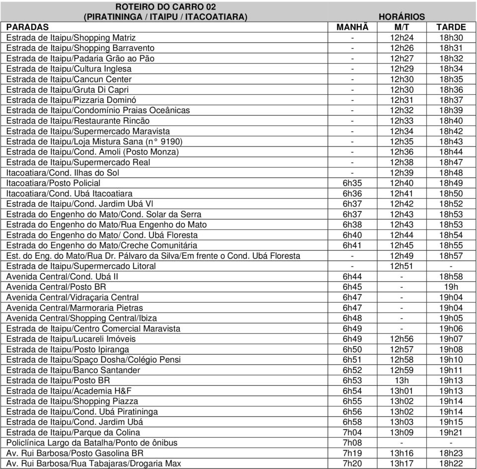 18h37 Estrada de Itaipu/Condomínio Praias Oceânicas - 12h32 18h39 Estrada de Itaipu/Restaurante Rincão - 12h33 18h40 Estrada de Itaipu/Supermercado Maravista - 12h34 18h42 Estrada de Itaipu/Loja