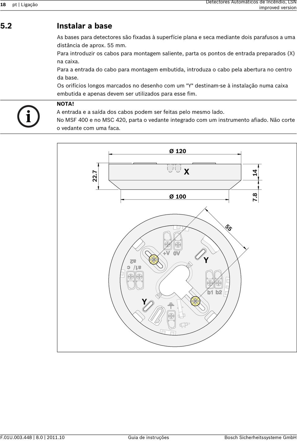 Os orifícios longos marcados no desenho com um "Y" destinam-se à instalação numa caixa embutida e apenas devem ser utilizados para esse fim. NOTA!