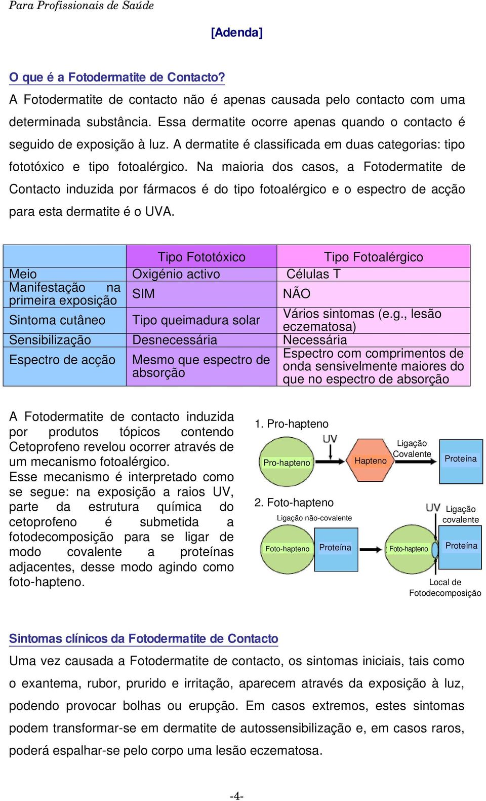 Na maioria dos casos, a Fotodermatite de Contacto induzida por fármacos é do tipo fotoalérgico e o espectro de acção para esta dermatite é o UVA.