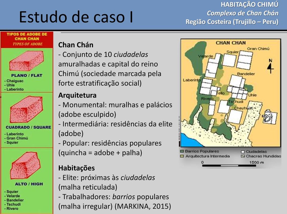 palácios (adobe esculpido) - Intermediária: residências da elite (adobe) - Popular: residências populares (quincha = adobe +