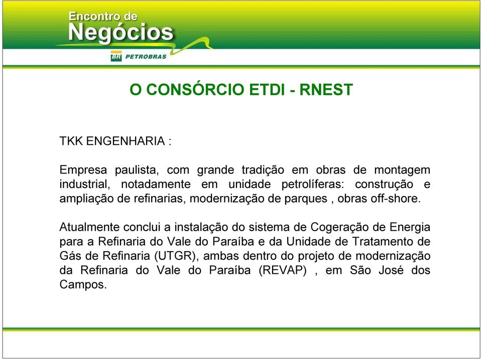 Atualmente conclui a instalação do sistema de Cogeração de Energia para a Refinaria do Vale do Paraíba e da Unidade de