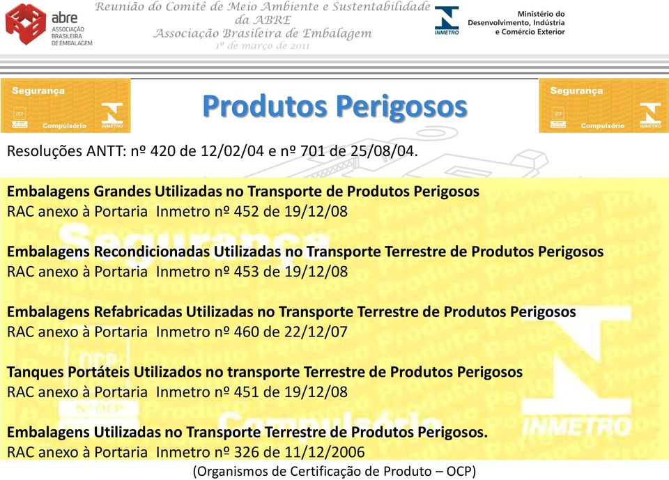 Produtos Perigosos RAC anexo à Portaria Inmetro nº 453 de 19/12/08 Embalagens Refabricadas Utilizadas no Transporte Terrestre de Produtos Perigosos RAC anexo à Portaria Inmetro nº 460