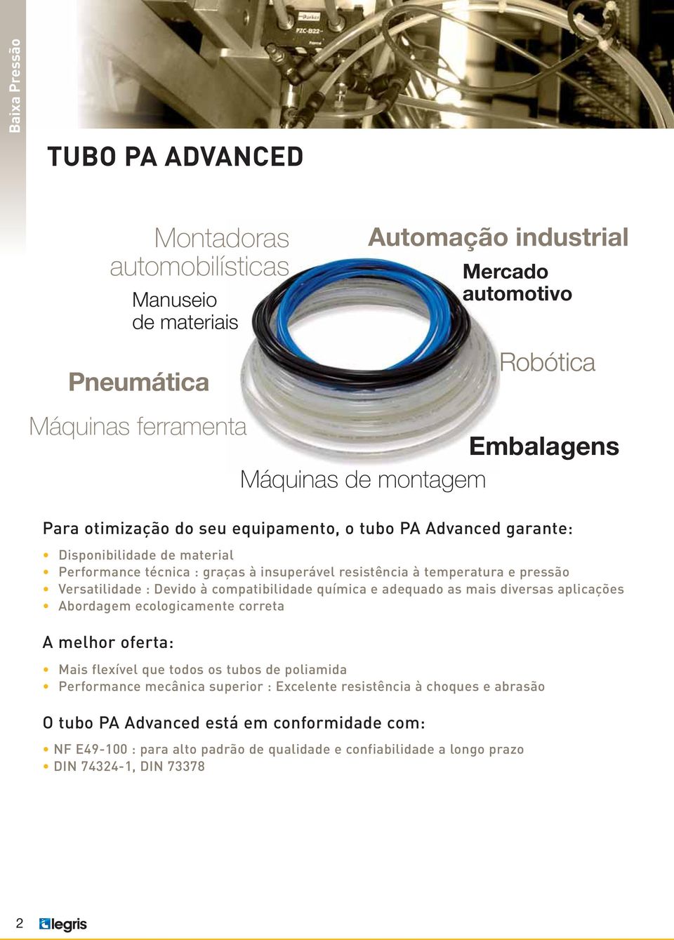 diversas aplicações Abordagem ecologicamente correta A melhor oferta: Manuseio de materiais Pneumática Mais flexível que todos os s de poliamida Performance mecânica superior : Excelente