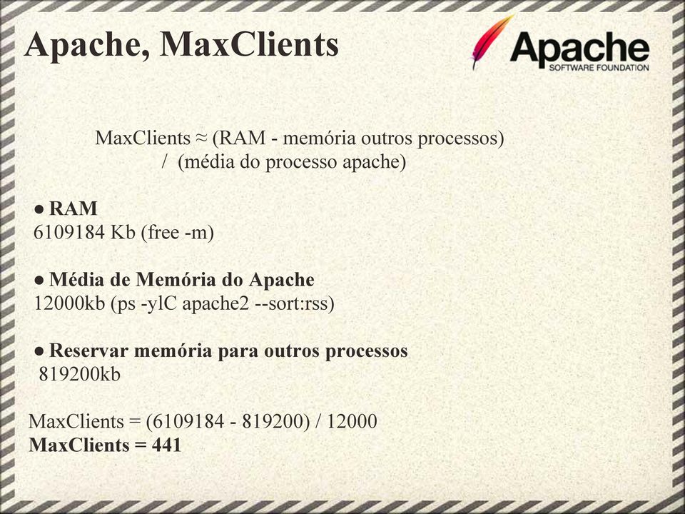 do Apache 12000kb (ps -ylc apache2 --sort:rss) Reservar memória para