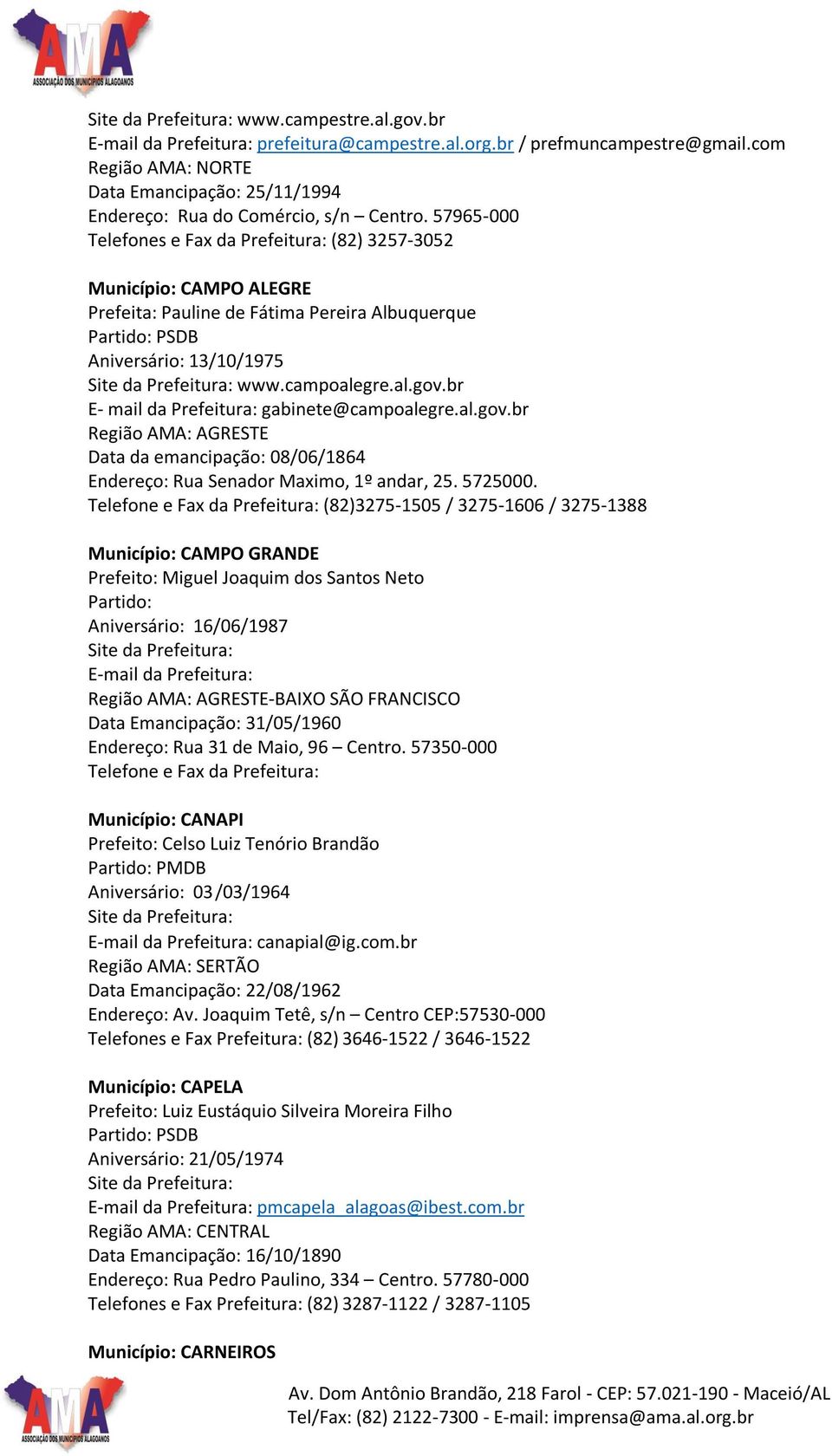 br E- mail da Prefeitura: gabinete@campoalegre.al.gov.br Região AMA: AGRESTE Data da emancipação: 08/06/1864 Endereço: Rua Senador Maximo, 1º andar, 25. 5725000.