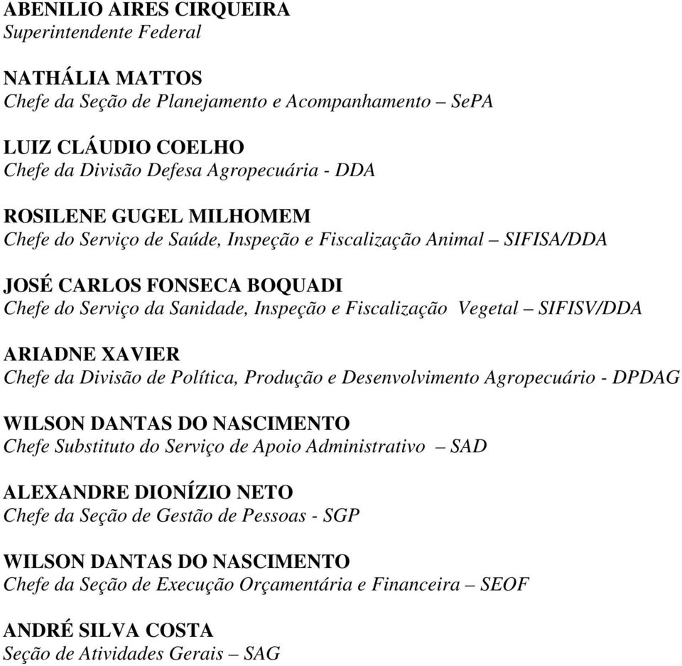 SIFISV/DDA ARIADNE XAVIER Chefe da Divisão de Política, Produção e Desenvolvimento Agropecuário - DPDAG WILSON DANTAS DO NASCIMENTO Chefe Substituto do Serviço de Apoio Administrativo SAD