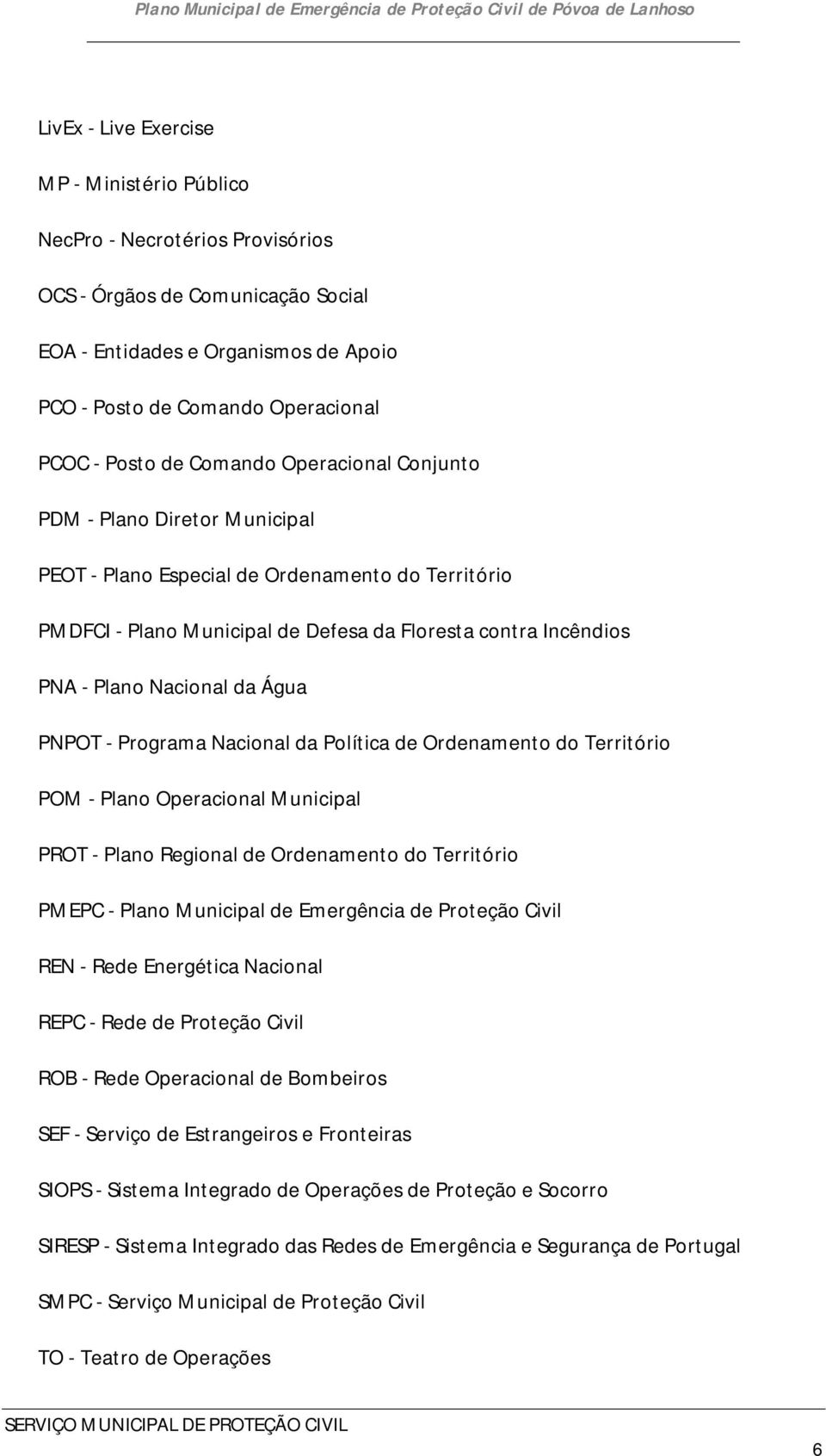 da Água PNPOT - Programa Nacional da Política de Ordenamento do Território POM - Plano Operacional Municipal PROT - Plano Regional de Ordenamento do Território PMEPC - Plano Municipal de Emergência