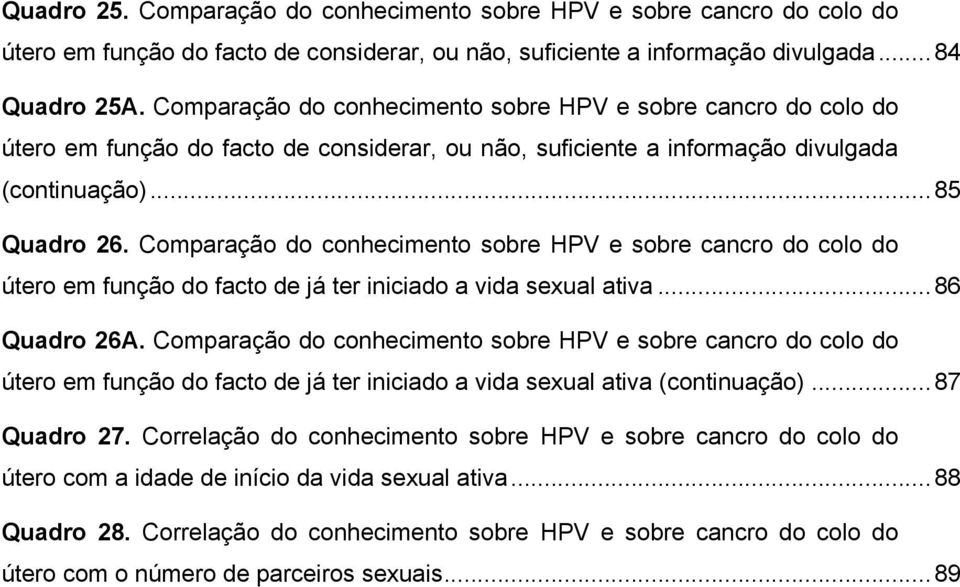 Comparação do conhecimento sobre HPV e sobre cancro do colo do útero em função do facto de já ter iniciado a vida sexual ativa... 86 Quadro 26A.