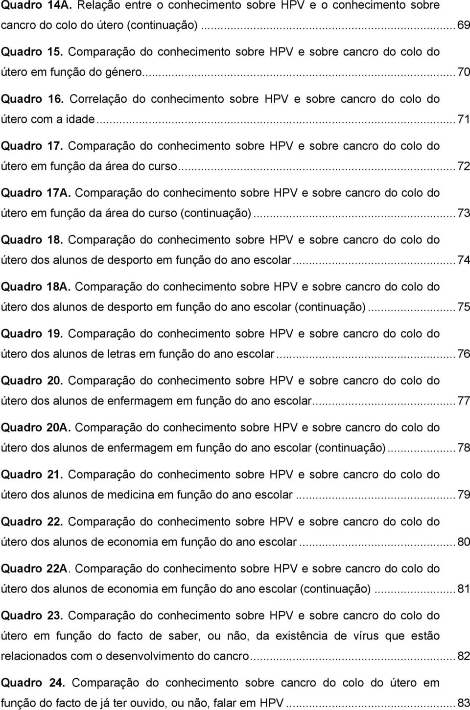 .. 71 Quadro 17. Comparação do conhecimento sobre HPV e sobre cancro do colo do útero em função da área do curso... 72 Quadro 17A.