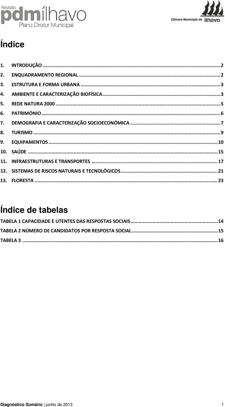 .. 15 11. INFRAESTRUTURAS E TRANSPORTES... 17 12. SISTEMAS DE RISCOS NATURAIS E TECNOLÓGICOS... 21 13. FLORESTA.