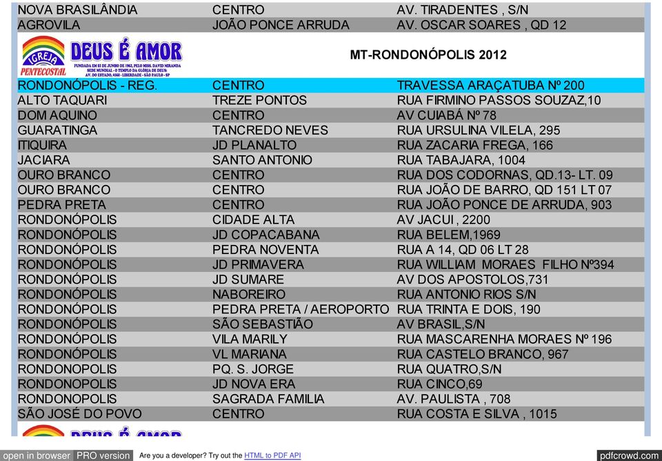 ZACARIA FREGA, 166 JACIARA SANTO ANTONIO RUA TABAJARA, 1004 OURO BRANCO CENTRO RUA DOS CODORNAS, QD.13- LT.