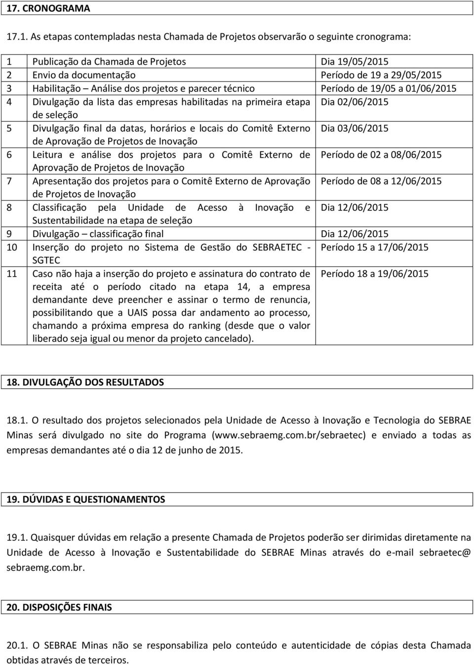 final da datas, horários e locais do Comitê Externo Dia 03/06/2015 de Aprovação de Projetos de Inovação 6 Leitura e análise dos projetos para o Comitê Externo de Período de 02 a 08/06/2015 Aprovação