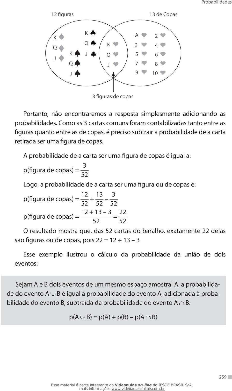 A probabilidade de a carta ser uma figura de copas é igual a: p(figura de copas) = 3 52 Logo, a probabilidade de a carta ser uma figura ou de copas é: p(figura de copas) = 12 52 + 13 52 3 52 12 + 13