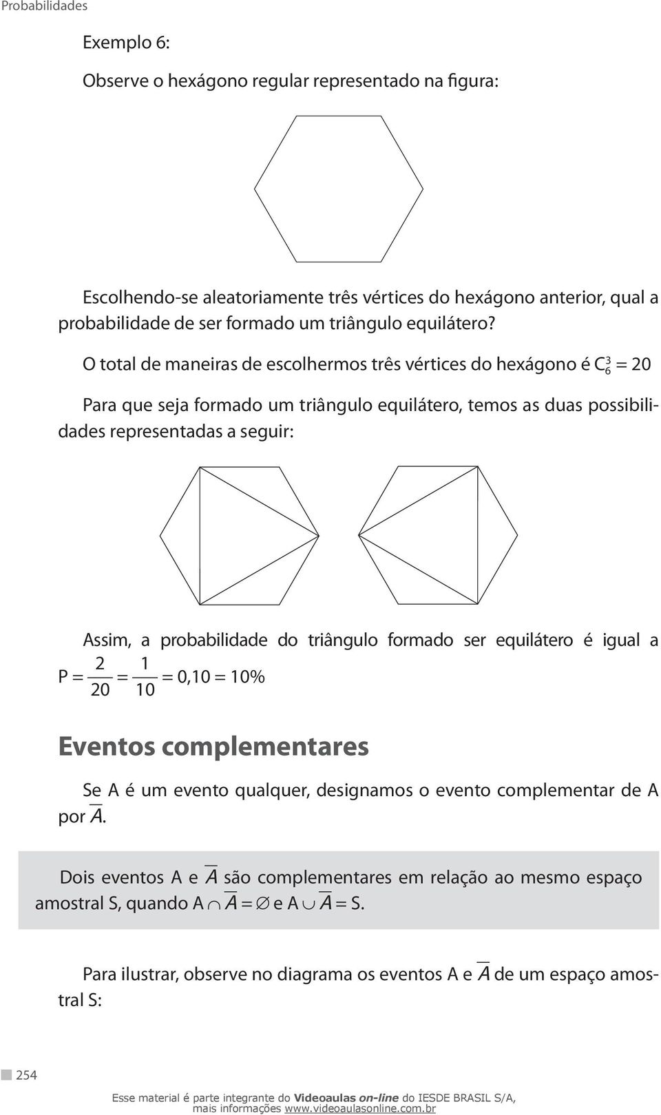 O total de maneiras de escolhermos três vértices do hexágono é C 3 = 6 20 Para que seja formado um triângulo equilátero, temos as duas possibilidades representadas a seguir: Assim, a