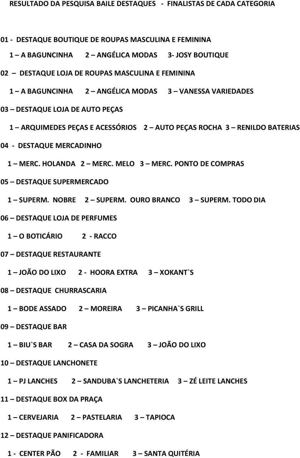 1 MERC. HOLANDA 2 MERC. MELO 3 MERC. PONTO DE COMPRAS 05 DESTAQUE SUPERMERCADO 1 SUPERM. NOBRE 2 SUPERM. OURO BRANCO 3 SUPERM.