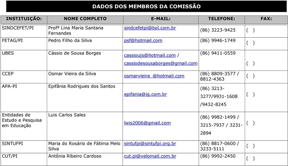 com (86) 8809-3577 / 8812-4363 APA-PI Epifânia Rodrigues dos Santos epifania@ig.com.br (86) 3213-3277/9931-1608 /9432-8245 Entidades de Estudo e Pesquisa em Educação Luis Carlos Sales lwis2006@gmail.