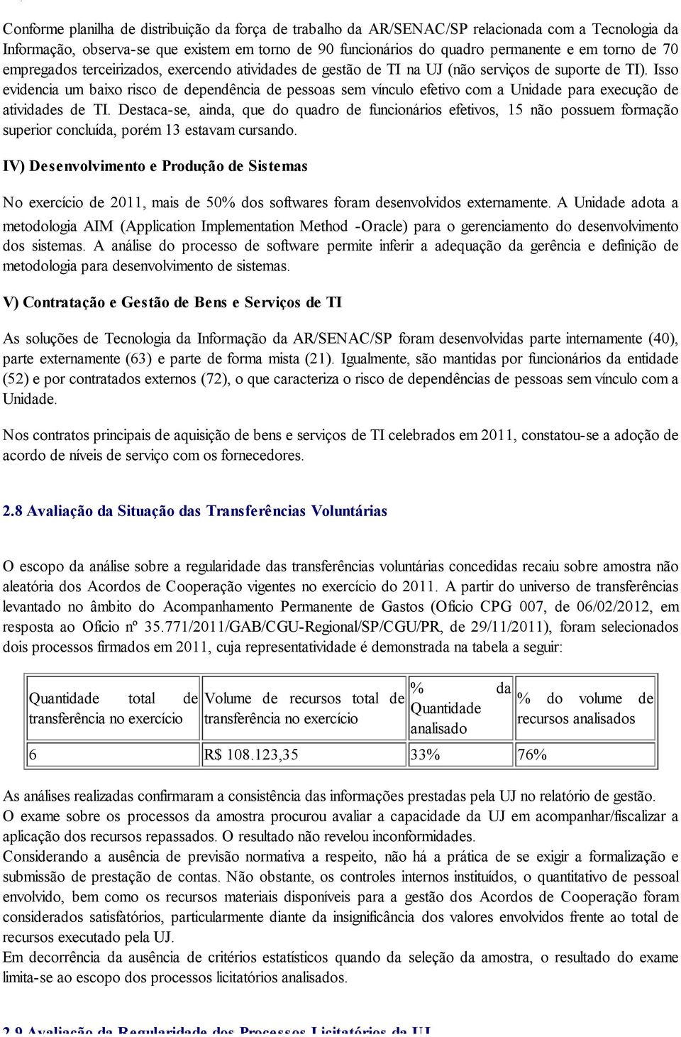 Isso evidencia um baixo risco de dependência de pessoas sem vínculo efetivo com a Unidade para execução de atividades de TI.