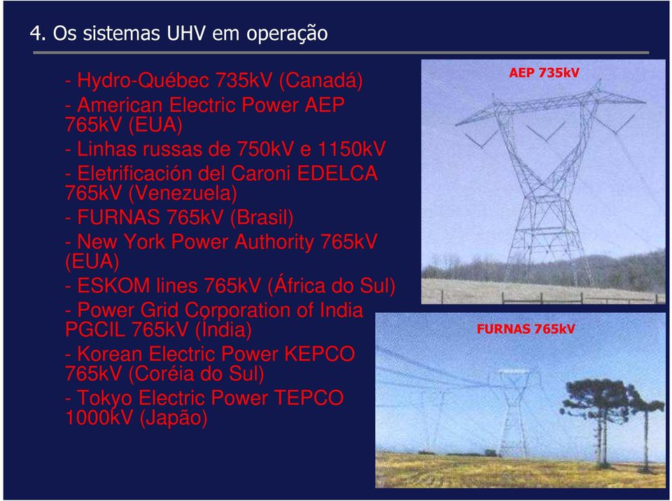Power Authority 765kV (EUA) - ESKOM lines 765kV (África do Sul) - Power Grid Corporation of India PGCIL 765kV