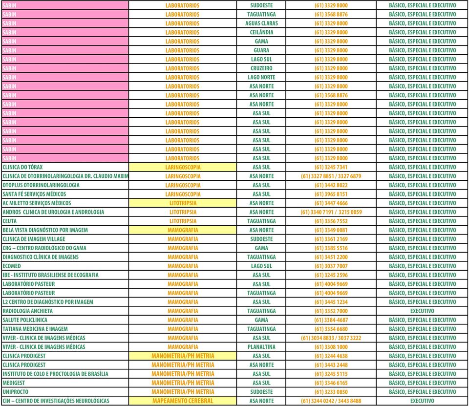 3329 8000 BÁSICO, ESPECIAL E EXECUTIVO SABIN LABORATORIOS LAGO SUL (61) 3329 8000 BÁSICO, ESPECIAL E EXECUTIVO SABIN LABORATORIOS CRUZEIRO (61) 3329 8000 BÁSICO, ESPECIAL E EXECUTIVO SABIN