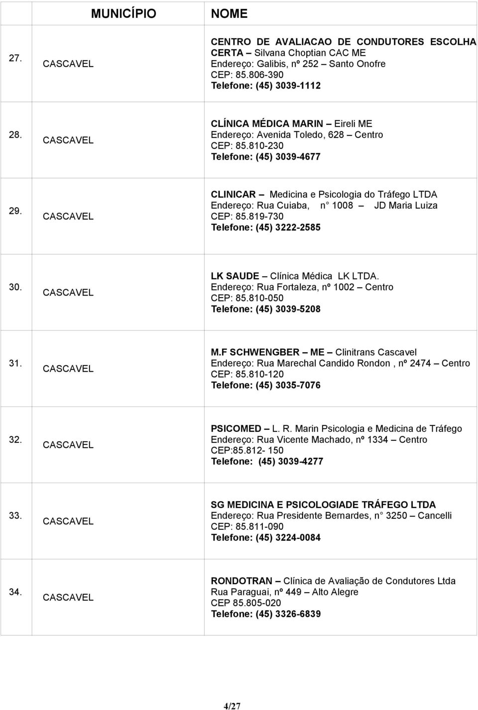 CASCAVEL CLINICAR Medicina e Psicologia do Tráfego LTDA Endereço: Rua Cuiaba, n 1008 JD Maria Luiza CEP: 85.819-730 Telefone: (45) 3222-2585 30. CASCAVEL LK SAUDE Clínica Médica LK LTDA.