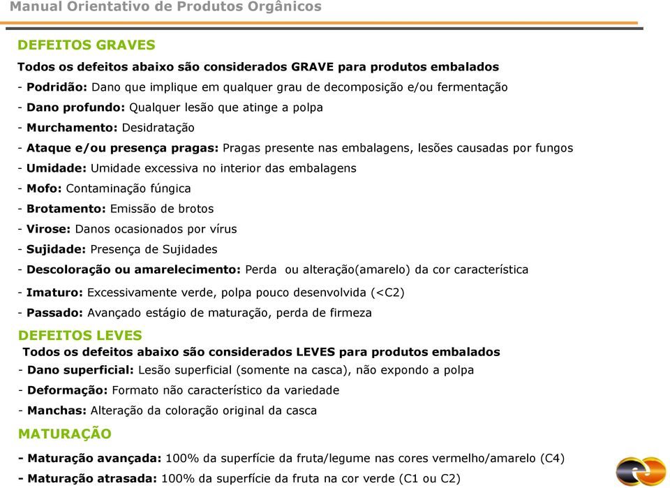 ocasionados por vírus - : Presença de s - Descoloração ou : Perda ou alteração(amarelo) da cor característica - Imaturo: Excessivamente verde, polpa pouco desenvolvida (<C2) - Passado: Avançado