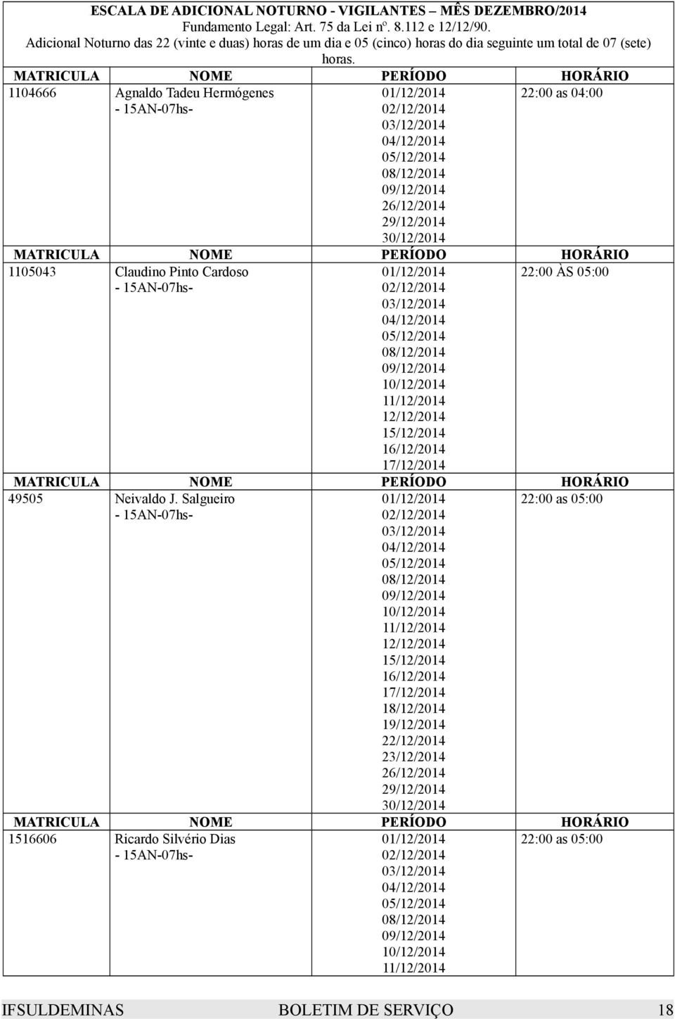MATRICULA NOME PERÍODO HORÁRIO 1104666 Agnaldo Tadeu Hermógenes - 15AN-07hs- 01/12/2014 02/12/2014 03/12/2014 04/12/2014 05/12/2014 08/12/2014 09/12/2014 26/12/2014 29/12/2014 30/12/2014 22:00 as