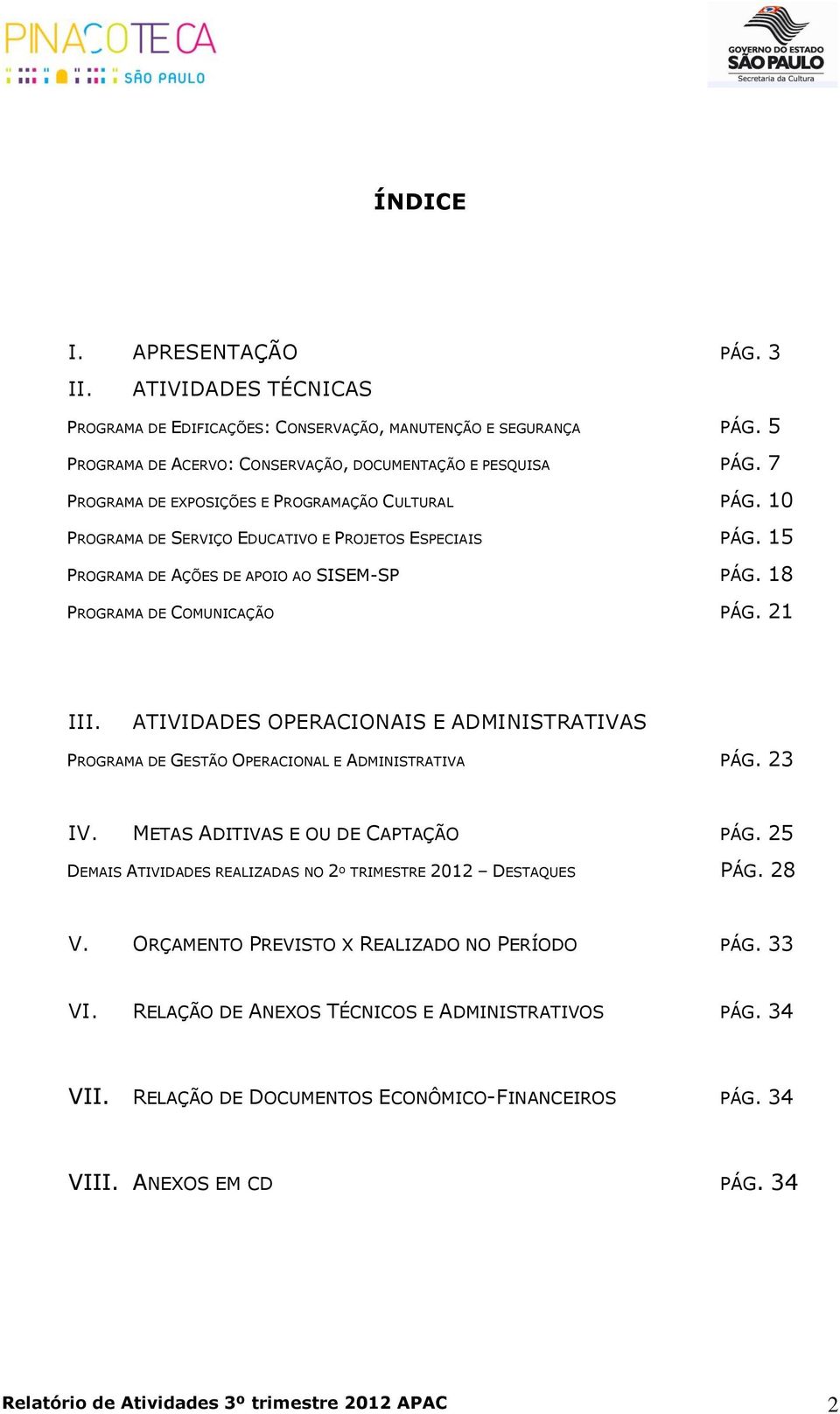 ATIVIDADES OPERACIONAIS E ADMINISTRATIVAS PROGRAMA DE GESTÃO OPERACIONAL E ADMINISTRATIVA PÁG. 23 IV. METAS ADITIVAS E OU DE CAPTAÇÃO PÁG.