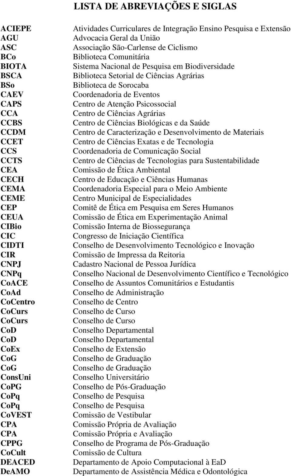 Ciclismo Biblioteca Comunitária Sistema Nacional de Pesquisa em Biodiversidade Biblioteca Setorial de Ciências Agrárias Biblioteca de Sorocaba Coordenadoria de Eventos Centro de Atenção Psicossocial