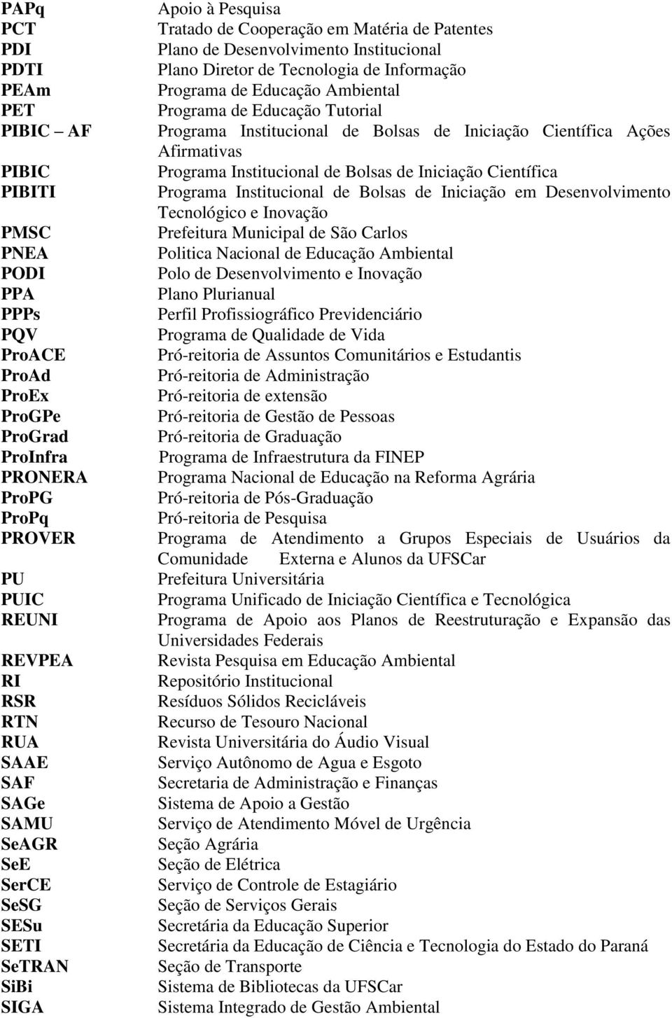 Programa de Educação Ambiental Programa de Educação Tutorial Programa Institucional de Bolsas de Iniciação Científica Ações Afirmativas Programa Institucional de Bolsas de Iniciação Científica