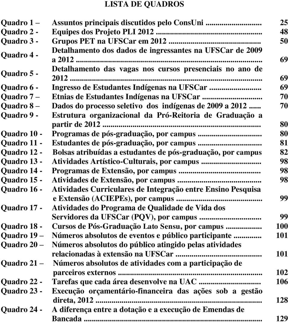 .. 69 Quadro 6 - Ingresso de Estudantes Indígenas na UFSCar... 69 Quadro 7 Etnias de Estudantes Indígenas na UFSCar... 70 Quadro 8 Dados do processo seletivo dos indígenas de 2009 a 2012.