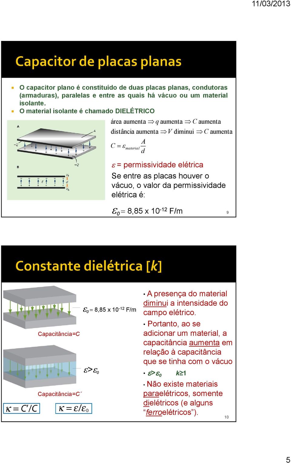 o vácuo, o valor da permissividade elétrica é: 0 8,85 x 10-12 F/m 9 0 8,85 x 10-12 F/m Capacitância=C Capacitância=C > 0 A presença do material diminui a intensidade do campo