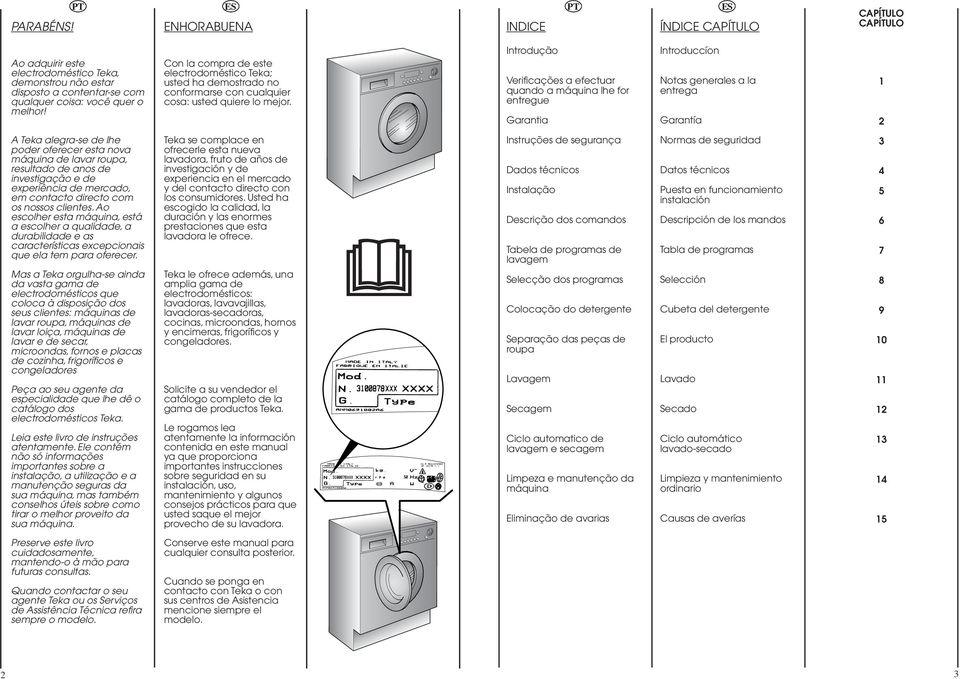 Introdução Verificações a efectuar quando a máquina lhe for entregue Garantia Introduccíon Notas generales a la entrega Garantía 1 2 A Teka alegrase de lhe poder oferecer esta nova máquina de lavar