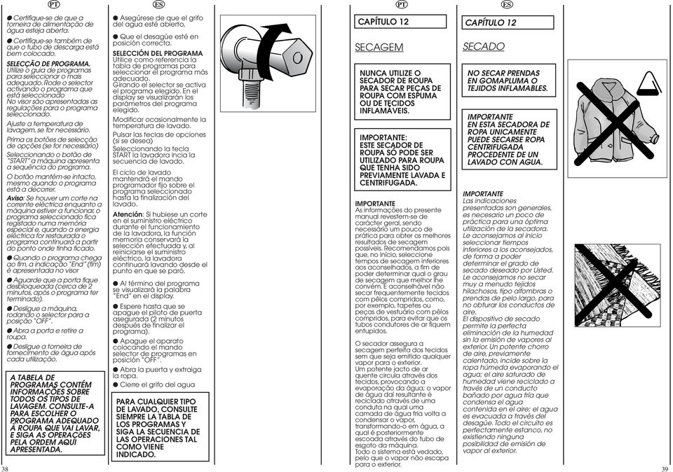 Ajuste a temperatura de lavagem, se for necessário. Prima os botões de selecção de opções (se for necessário) Seleccionando o botão de START a máquina apresenta a sequência do programa.