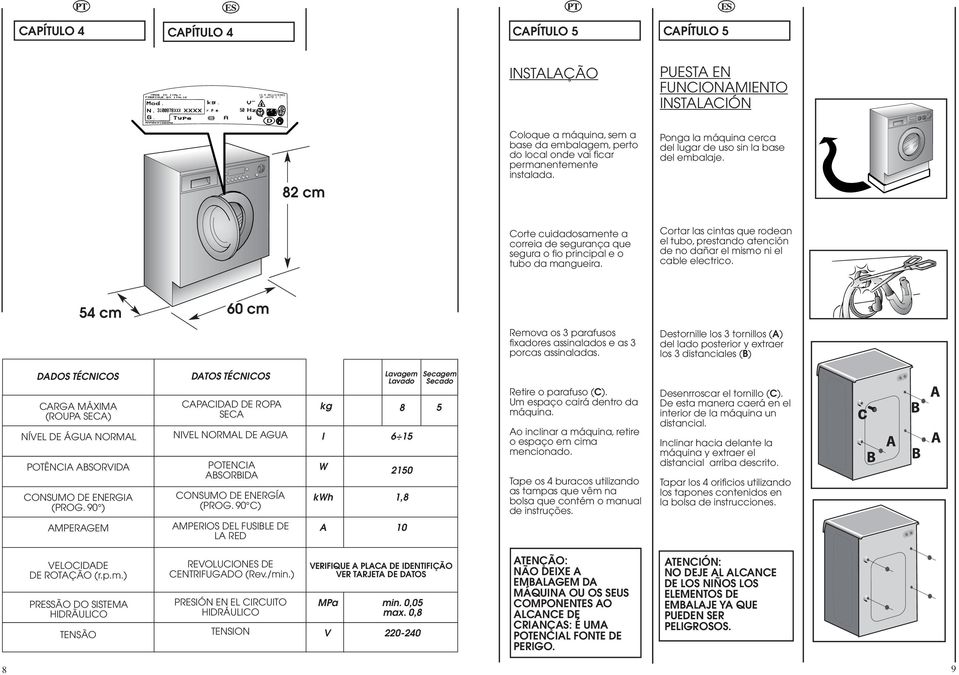 Cortar las cintas que rodean el tubo, prestando atención de no dañar el mismo ni el cable electrico. 54 cm 60 cm Remova os 3 parafusos fixadores assinalados e as 3 porcas assinaladas.