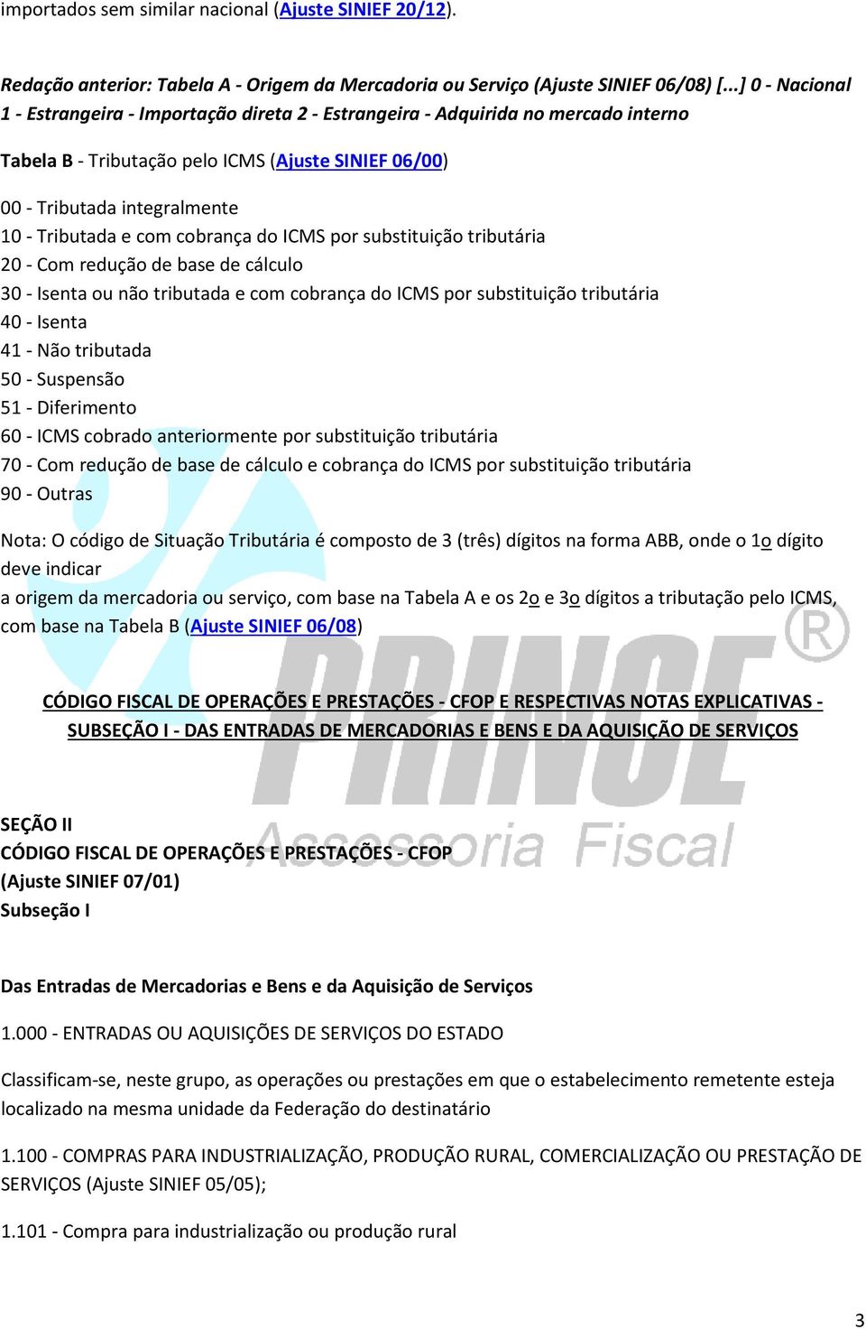 com cobrança do ICMS por substituição tributária 20 - Com redução de base de cálculo 30 - Isenta ou não tributada e com cobrança do ICMS por substituição tributária 40 - Isenta 41 - Não tributada 50