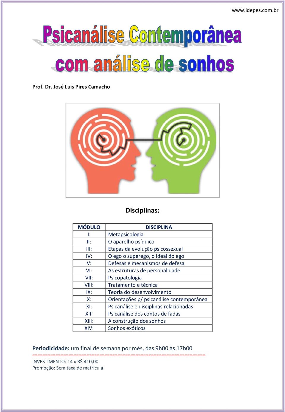 o ideal do ego V: Defesas e mecanismos de defesa VI: As estruturas de personalidade VII: Psicopatologia VIII: Tratamento e técnica IX: Teoria do