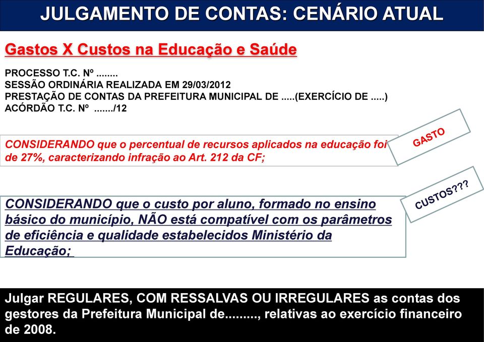 ../12 CONSIDERANDO que o percentual de recursos aplicados na educação foi de 27%, caracterizando infração ao Art.