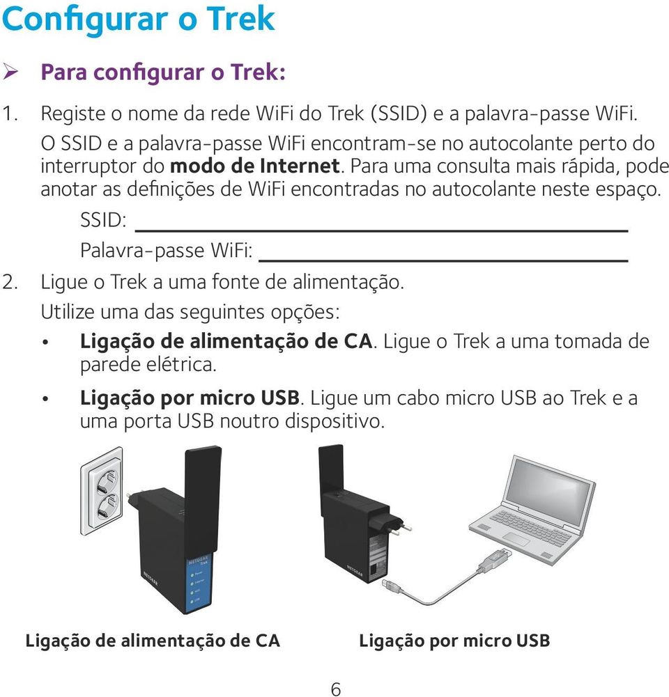 Para uma consulta mais rápida, pode anotar as definições de WiFi encontradas no autocolante neste espaço. SSID: Palavra-passe WiFi: 2.