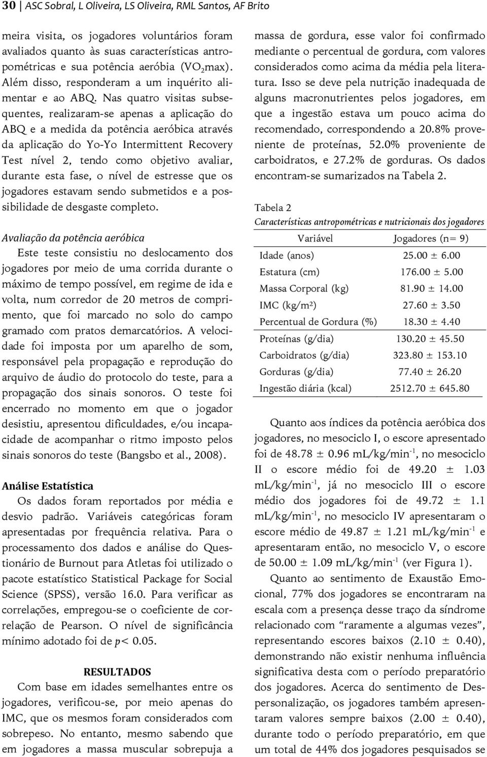 Nas quatro visitas subsequentes, realizaram-se apenas a aplicação do ABQ e a medida da potência aeróbica através da aplicação do Yo-Yo Intermittent Recovery Test nível 2, tendo como objetivo avaliar,